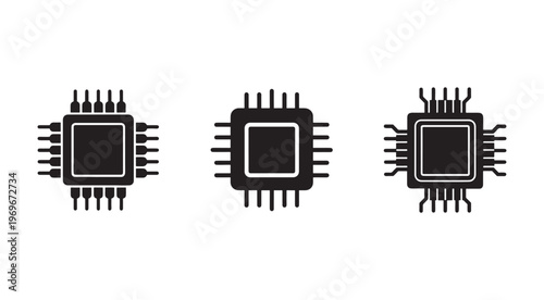 Three black and white computer chip icons with different pin configurations on white background  electronic components
