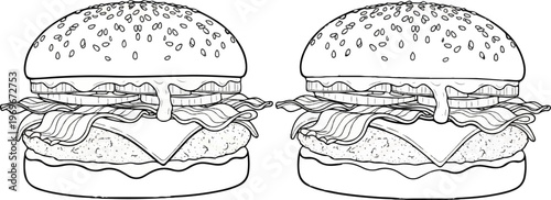 Two detailed line art illustrations of loaded burgers, side by side