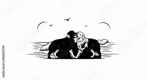 Two dogs tenderly touch noses by the water with birds flying above