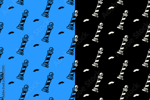 Barber pole with mustache retro seamless pattern on blue black background set for merchandise. Striped barber pole vintage pattern background. Hair salon pole hand drawn repeat motif wallpaper