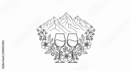 Two glasses of wine framed by flowers with mountains behind