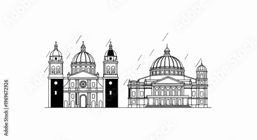 Two grand structures with domes and spires under a rainy sky