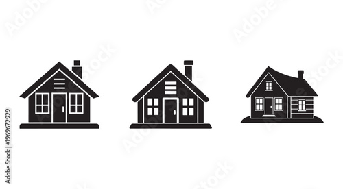 Three black and white house silhouettes with chimneys and windows on white background  simple residential architecture icons