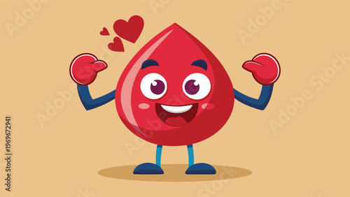 Cartoon character of a happy blood drop with boxing gloves in a playful pose showing love for blood donation