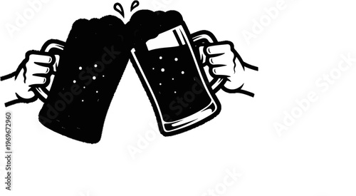 Two hands clinking frothy mugs of dark beer together in celebration