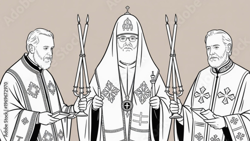 Three orthodox priests holding candles and prayer books in traditional clerical attire