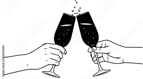 Two hands clink champagne flutes filled with bubbly drink, creating a celebration