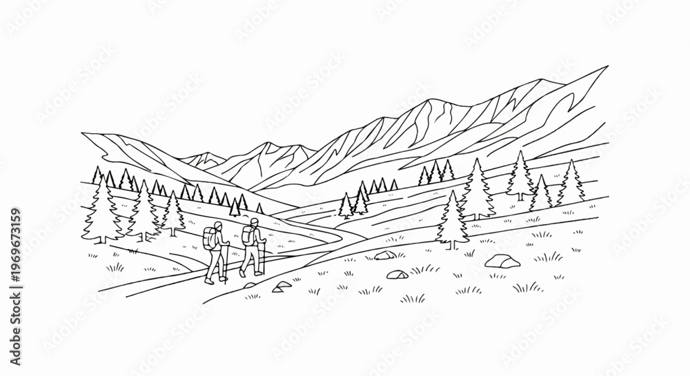 Fototapeta premium Two hikers traverse a winding path through a valley towards distant, jagged mountains