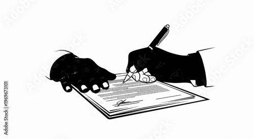 Two hands, one signing a document with a pen