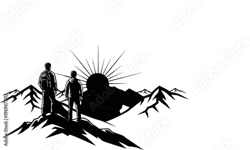 Two hikers observe the sunrise over a majestic mountain range