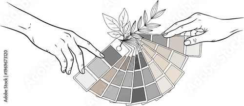 Two hands select swatches from a fan of neutral paint samples