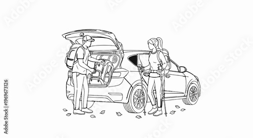Two hikers prepare for an adventure, loading gear into a car