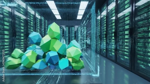 Abstract digital data stream flowing through server room network