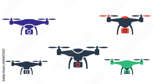 Set of Flat Drone Vector Icons, Collection of UAV and Quadcopter Illustrations with Camera for Aerial Photography and Digital Technology.