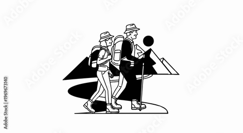 Two hikers with backpacks and hats trek through mountains under a circular sun