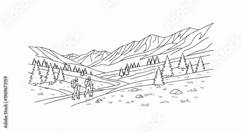 Two hikers traverse a winding path through a valley towards distant, jagged mountains