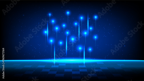 Abstract technology background with glowing blue light particles rising from a digital grid floor in cyberspace