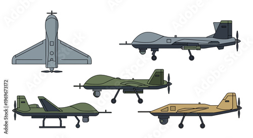 Military Drone and UAV Vector Illustration Set: Unmanned Aerial Vehicle Icons for Defense and Technology.