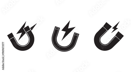 Three black and white icons of horseshoe magnets with lightning bolts  magnetic field and electricity symbols used for science and technology concepts