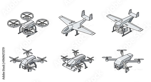 Isometric Drone Set Collection, Unmanned Aerial Vehicle (UAV) for Delivery and Surveillance, Modern Technology Vector Illustration.