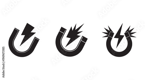 Three black and white icons of horseshoe magnets with lightning bolts  illustrating magnetic field and electricity concepts