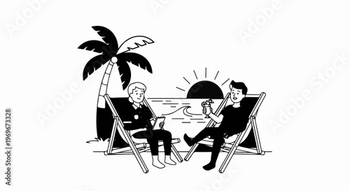Two men relax in lounge chairs by the ocean under a palm tree