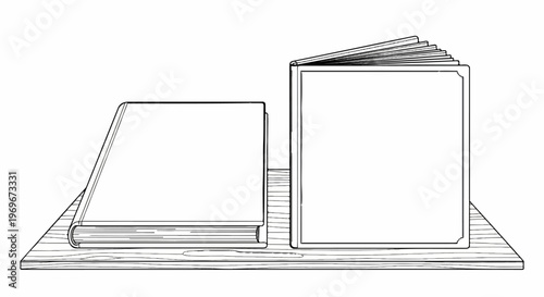 Two open and closed books resting on a wooden surface, detailed illustration