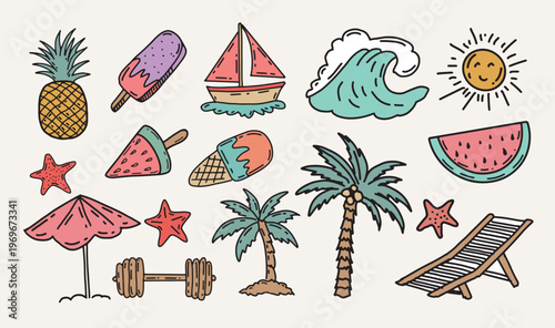 Summer doodle collection with beach items and sunny elements on white background	