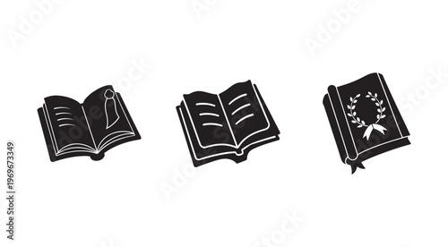 Three black and white icons of open and closed books with different designs on covers  educational and reading concepts