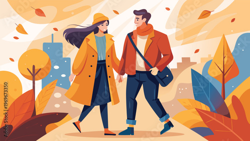 Couple walking hand in hand through a colorful park during autumn season in a city setting with falling leaves