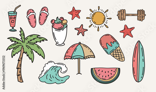 Summer doodle collection with beach items and sunny elements on white background	