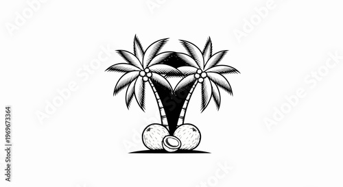 Two palm trees with coconuts below on a white background, sketched