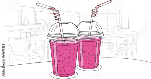Two pink smoothies with straws sit on a cafe table with background seating