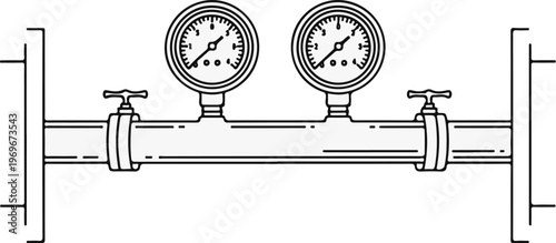 Two pressure gauges monitor flow through a pipe with valves