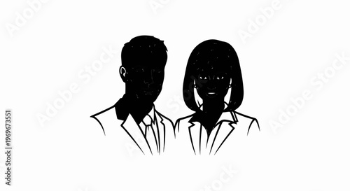 Two professional figures, a man and a woman, are depicted