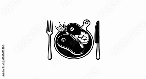 Two raw steaks on a plate with fork and knife