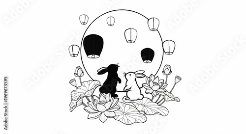 Two rabbits observe floating lanterns among lotus flowers