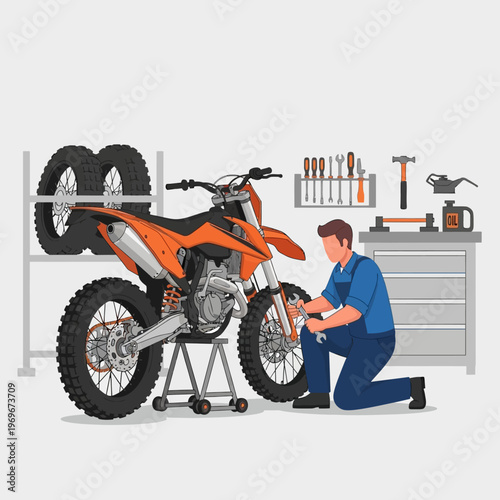 Mechanic repairing an orange dirt bike in a workshop with tools and spare tires