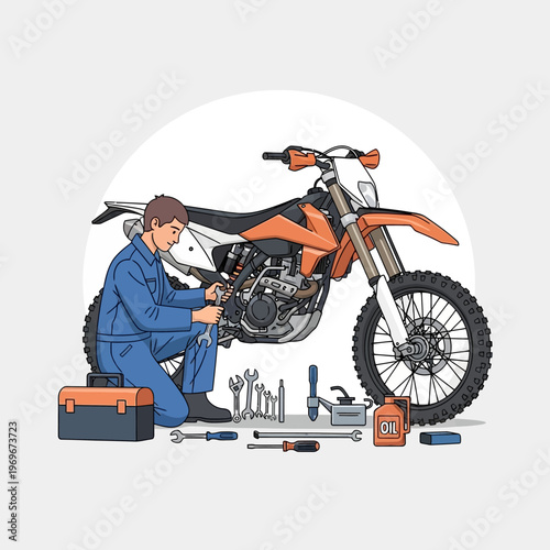 Mechanic repairing an orange dirt bike with tools and oil can