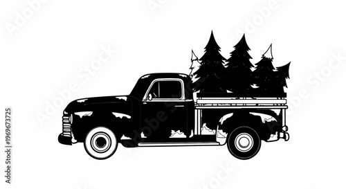 Vintage black pickup truck loaded with Christmas trees