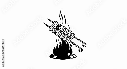 Two skewers of cubed meat grilling over a stylized campfire