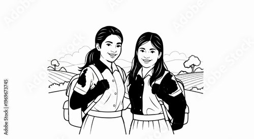 Two smiling girls in school uniforms with backpacks in a rural landscape