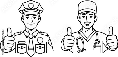 Two smiling men, a police officer and a doctor, give thumbs up