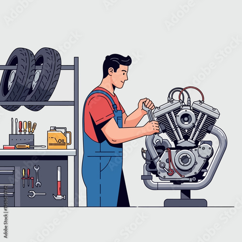 Mechanic repairing motorcycle engine in workshop, tools and tires in background