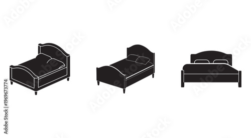 Three black and white illustrations of beds with different headboards and footboards  furniture for home and bedroom decoration