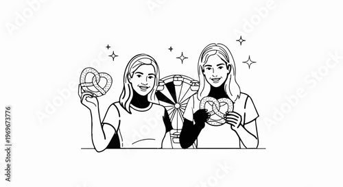 Two smiling young women hold pretzels with a Ferris wheel behind them