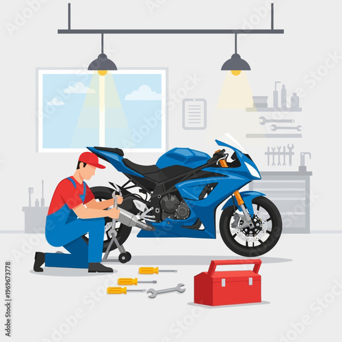 Mechanic repairing a blue sport motorcycle in a workshop with tools