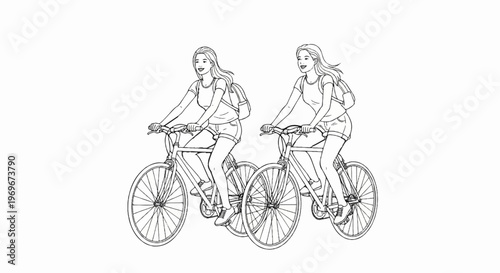 Two smiling young women in shorts and t-shirts ride bicycles with backpacks