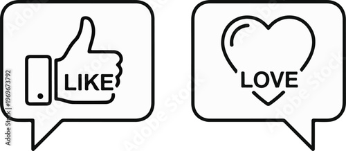 Two speech bubbles, one with a thumb up icon saying "LIKE", one with a heart icon saying "LOVE