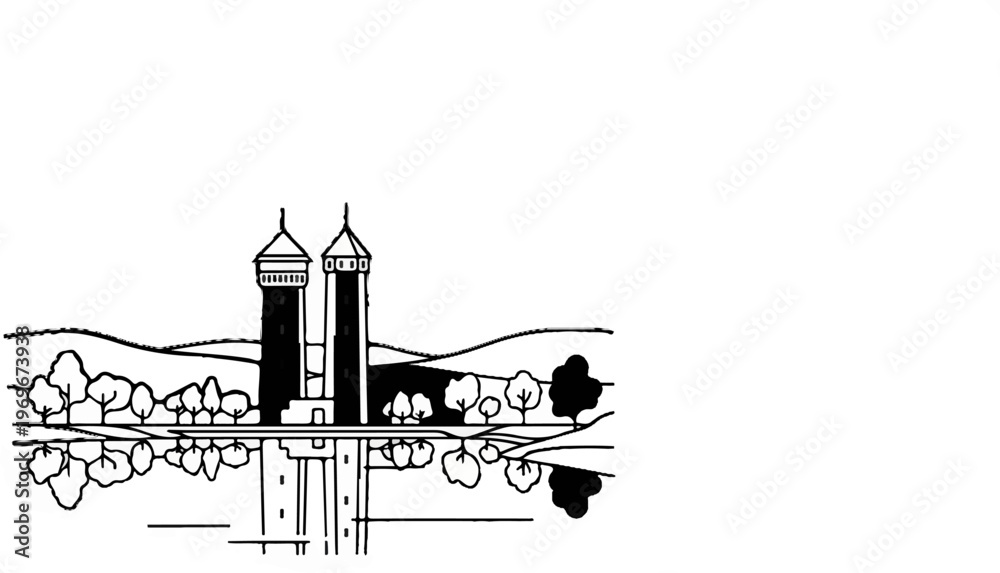 Fototapeta premium Two tall towers reflected in still water with distant hills and trees